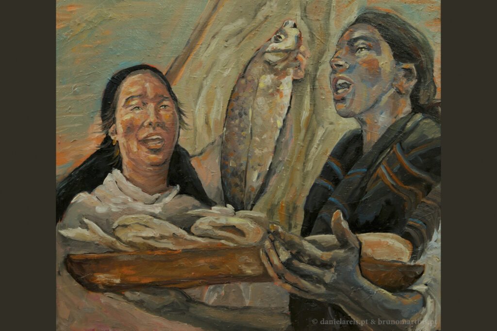 Esta pintura representa duas mulheres com o típico lenço negro e xaile a leiloarem o peixe. Atrás um céu suave e quente entrecortado pela vela de uma embarcação.