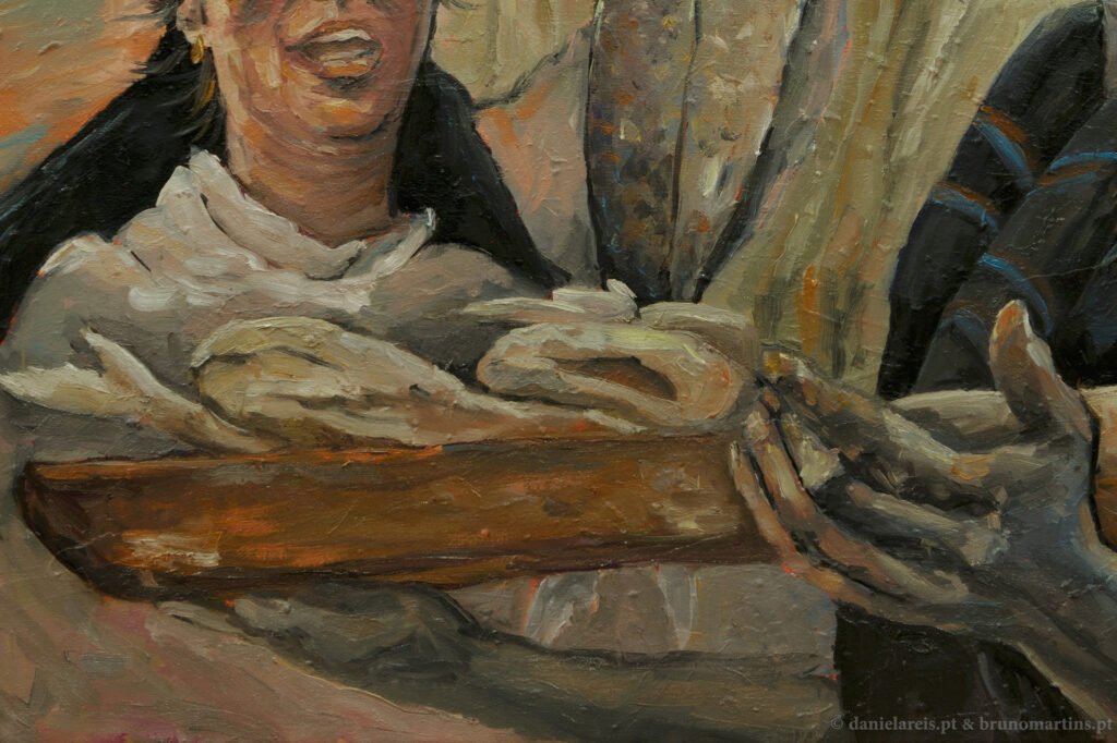 Esta pintura representa duas mulheres com o típico lenço negro e xaile a leiloarem o peixe. Atrás um céu suave e quente entrecortado pela vela de uma embarcação.