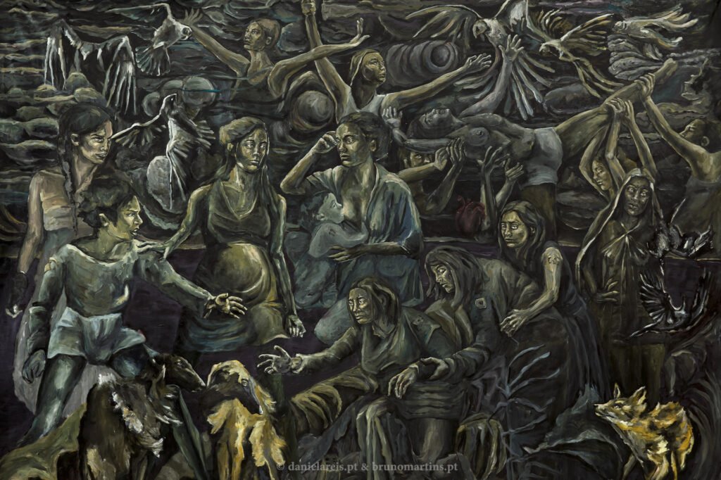 Êxodo.  Parte I: Lição de Voo. Nesta obra as personagens ostentam marcas de números nos ombros ou insígnias, que, tal como a bandeira tombada, remetem para alguma ordem militar e para uma sociedade estilhaçada composta por refugiados e migrantes. Mas é um apelo à esperança: reflete sobre a partilha, aprendizagem e construção de um Futuro conjunto, assente na cooperação e na união. Vinculando também o plano humano ao animal, numa conjugação de forças vitais.