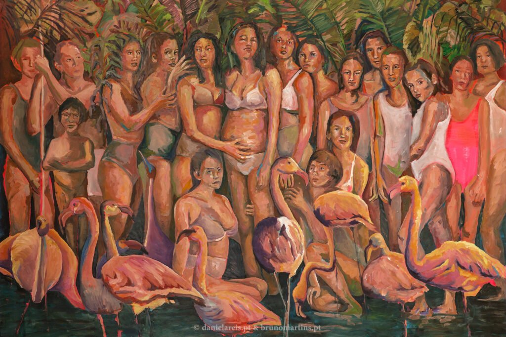Nem todo o corpo é carne I. Nesta pintura a figura feminina surge como elemento principal a par de um grupo de flamingos. A justaposição das figuras sugere um quase desdobramento, como se representassem várias facetas, atitudes ou idades de uma só entidade.