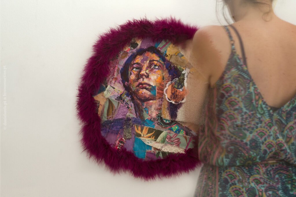 Aquela que vê – Óleo e tecidos sobre tela, 51 cm de diâmetro