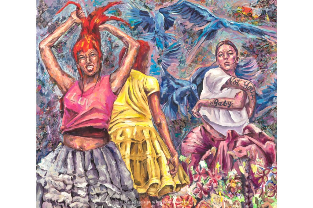 A begónia esmagada entre os dentes, 2025 - Óleo e colagem sobre tela, 125 cm x 110 cm.