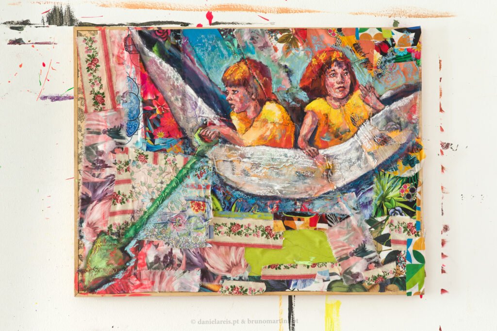 A jangada, 2025 - Óleo e colagem sobre tela, 64 cm x 50 cm.